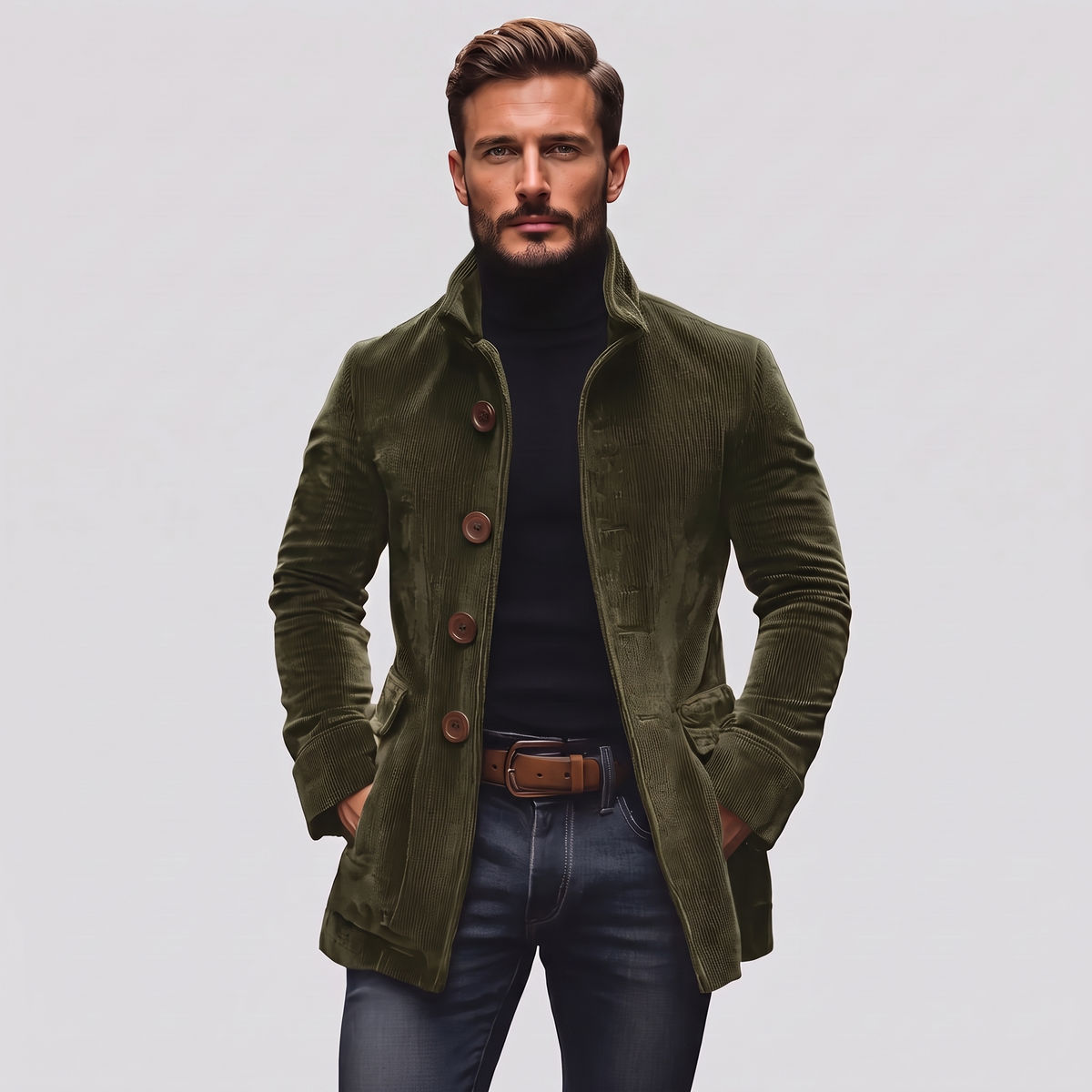 Nathan Slim-Fit Corduroy Coat in green – men's stand collar corduroy coat