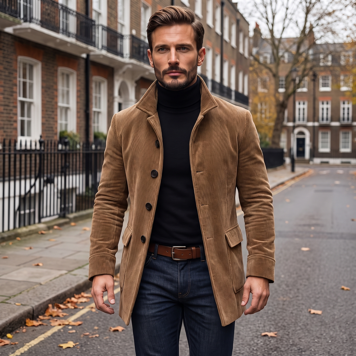 Nathan Slim-Fit Corduroy Coat in light brown – worn on a London street