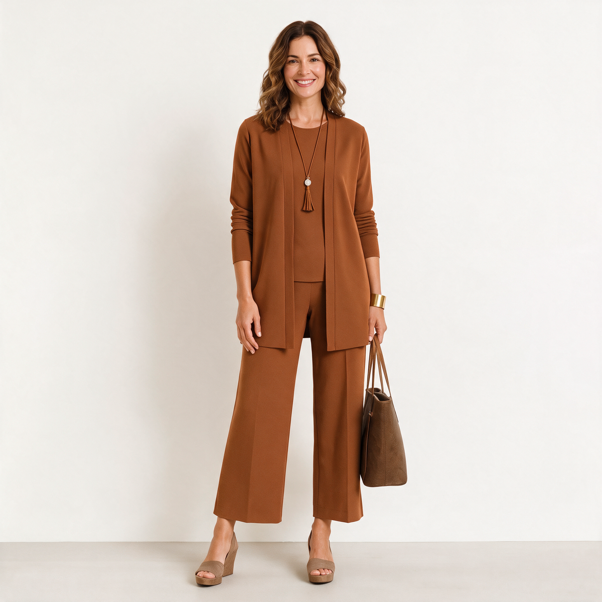 Jane women's 3-piece knit set in Light Brown - cardigan, top and wide-leg trousers