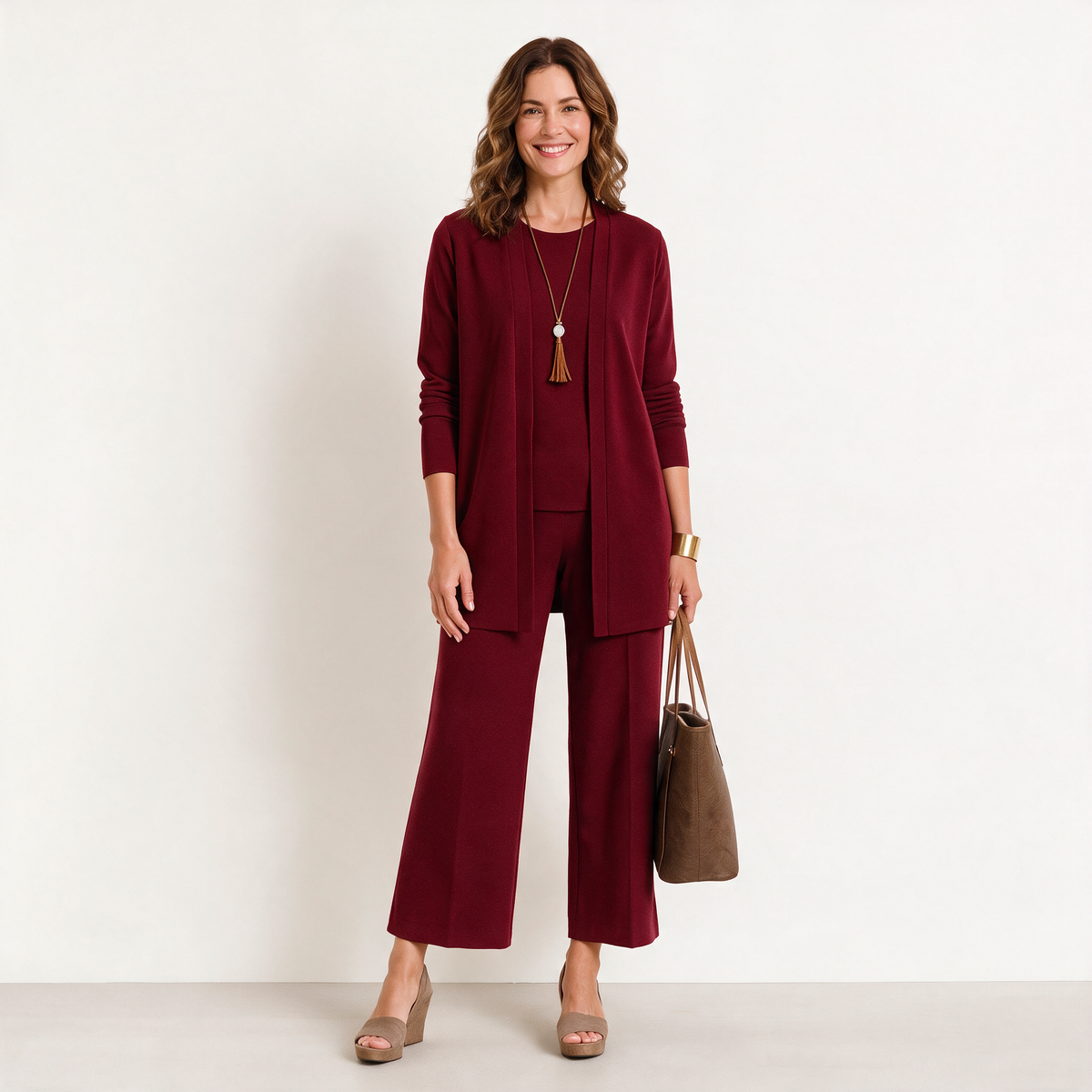 Jane women's 3-piece knit set in Red - cardigan, top and wide-leg trousers
