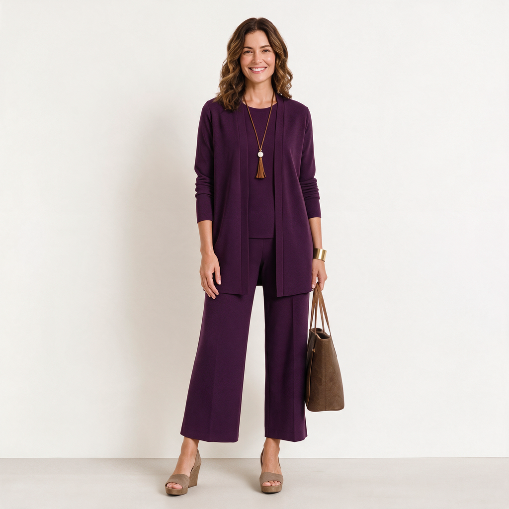 Jane women's 3-piece knit set in Purple - cardigan, top and wide-leg trousers