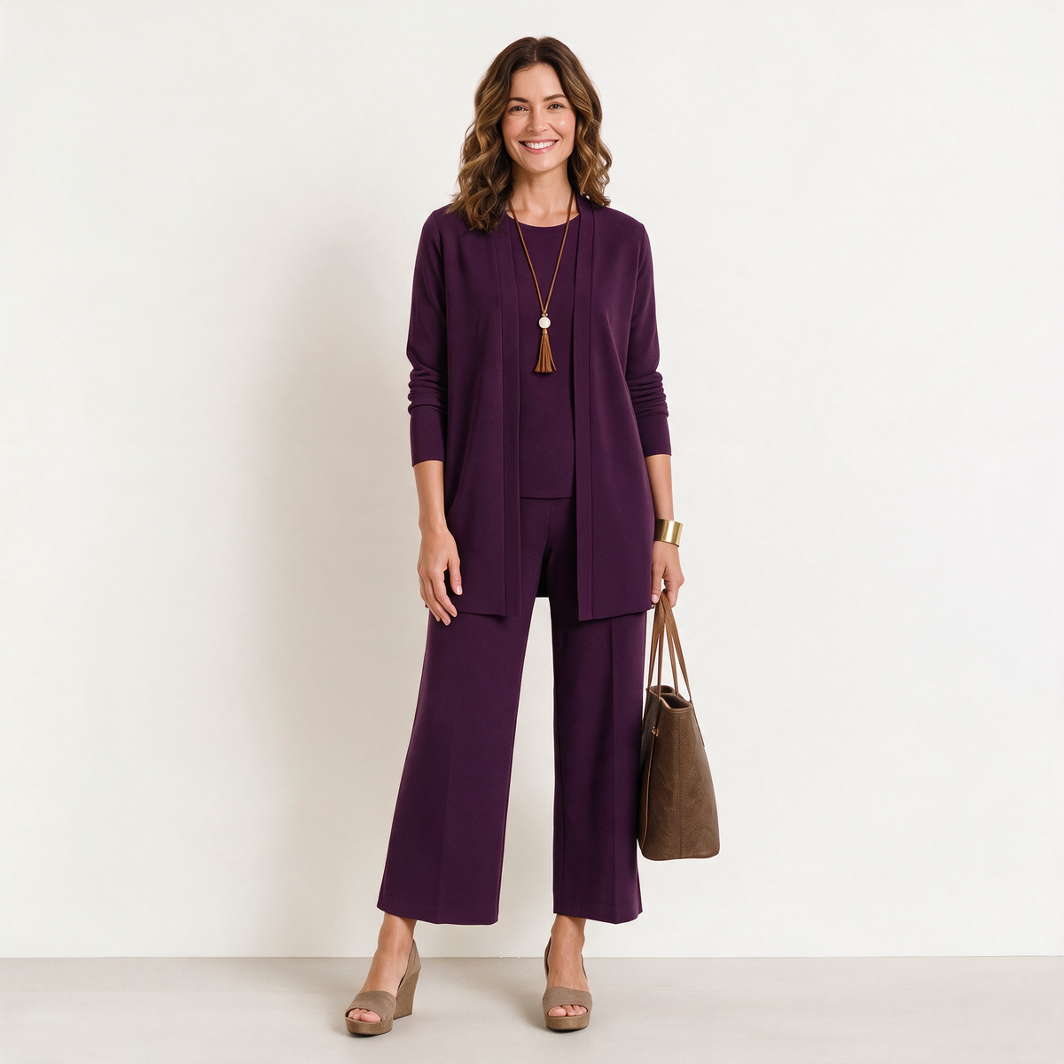 Jane women's 3-piece knit set in Purple - cardigan, top and wide-leg trousers