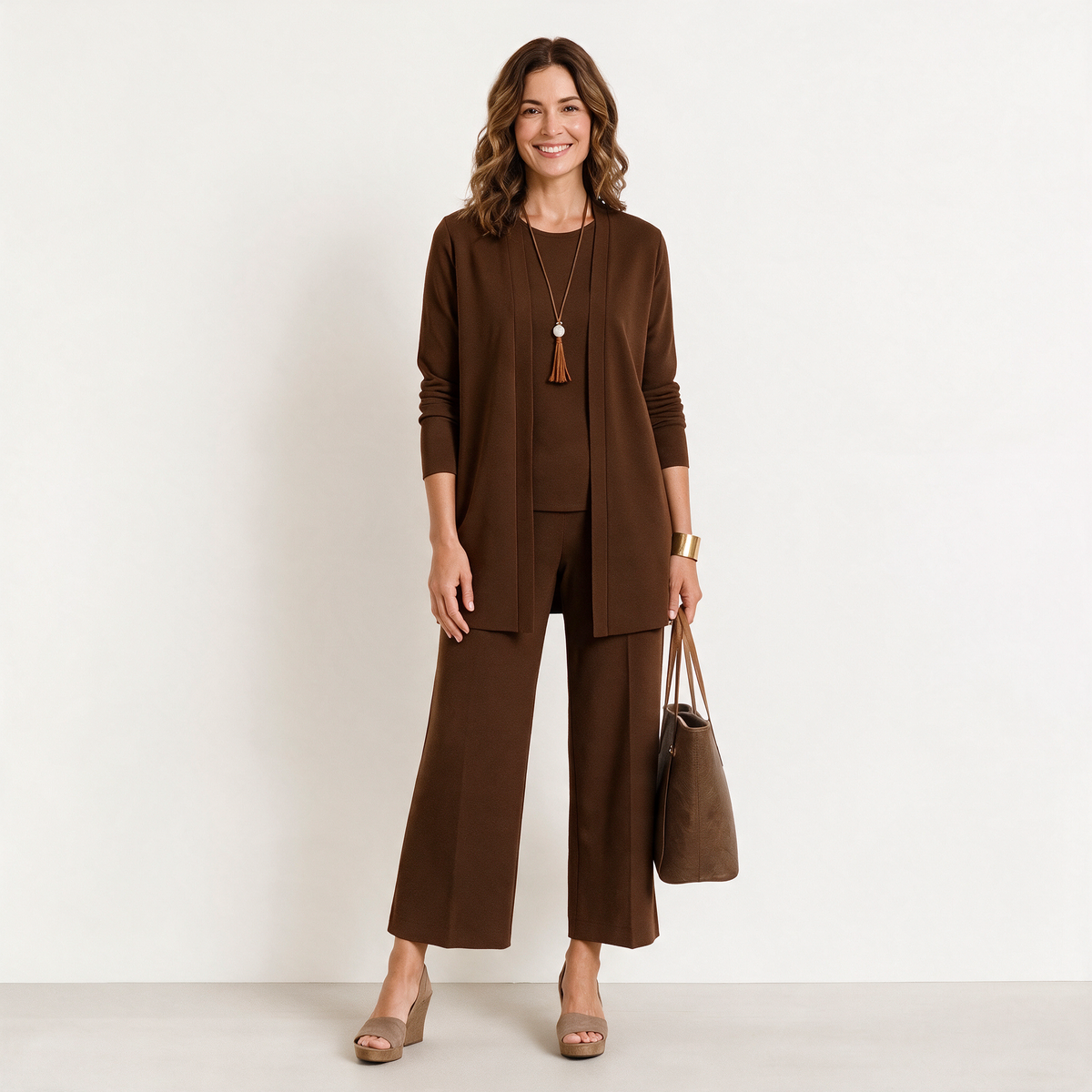 Jane women's 3-piece knit set in Brown - cardigan, top and wide-leg trousers