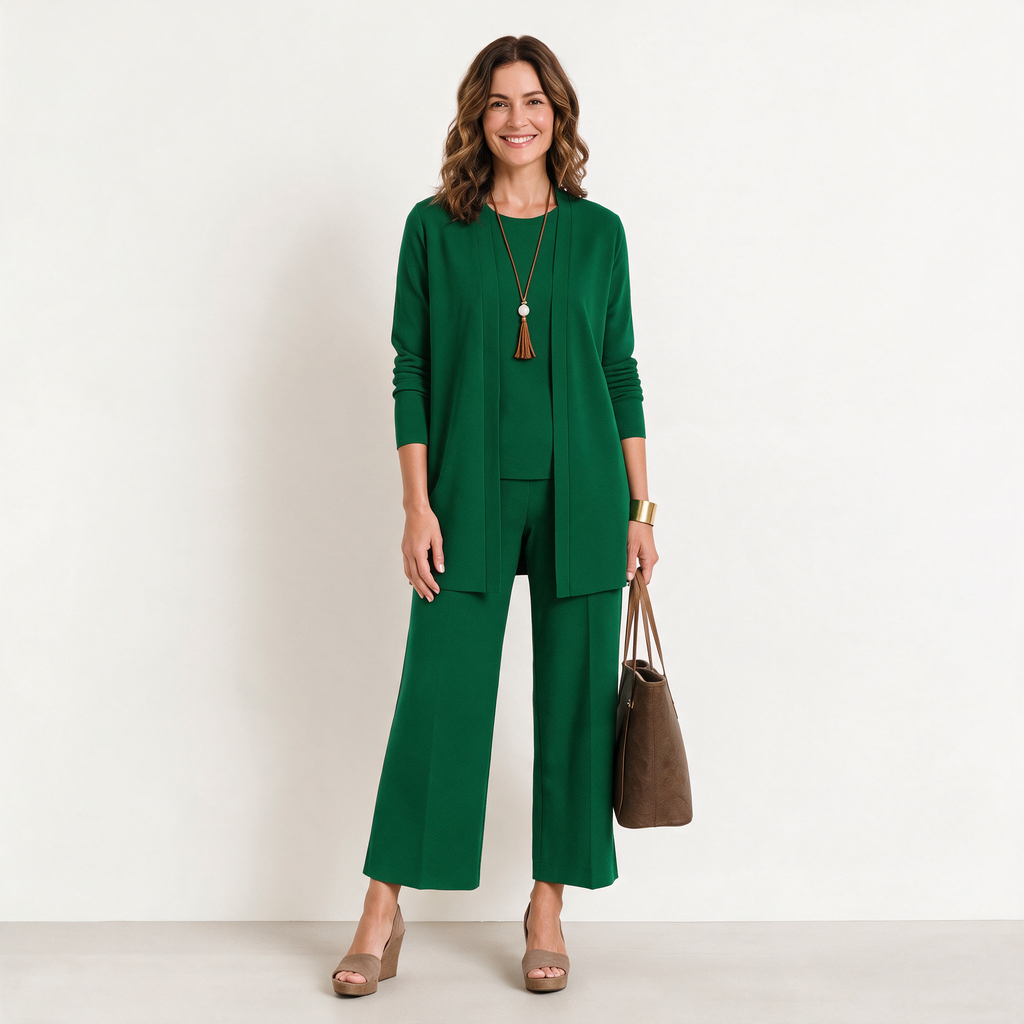 Jane women's 3-piece knit set in Green - cardigan, top and wide-leg trousers