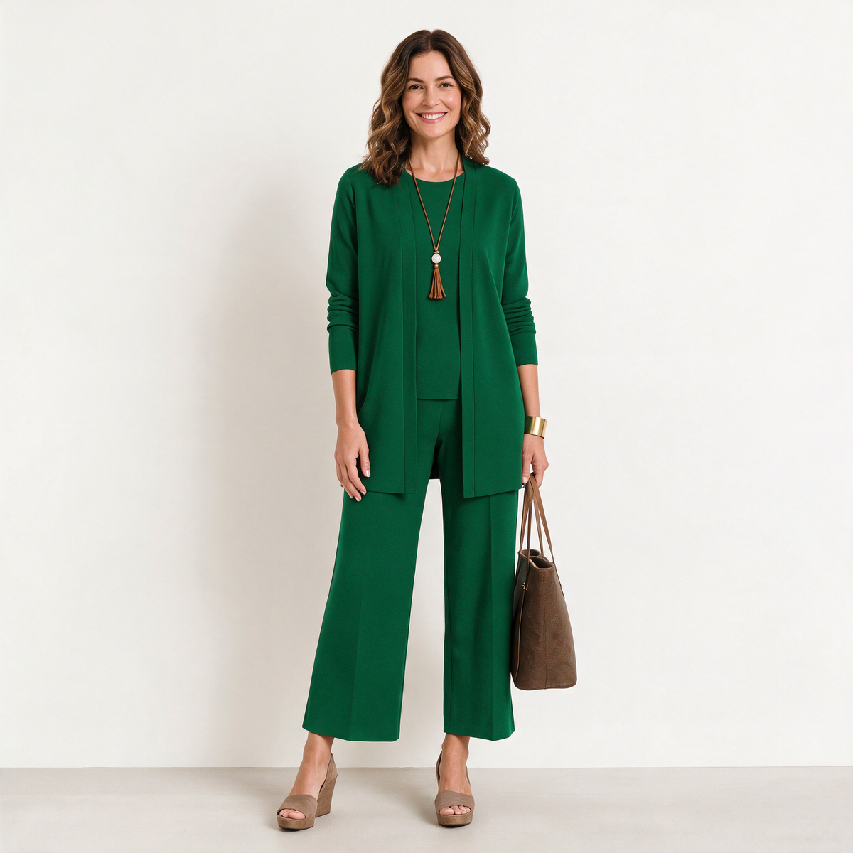 Jane women's 3-piece knit set in Green - cardigan, top and wide-leg trousers