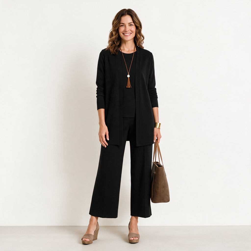 Jane women's 3-piece knit set in Black - cardigan, top and wide-leg trousers