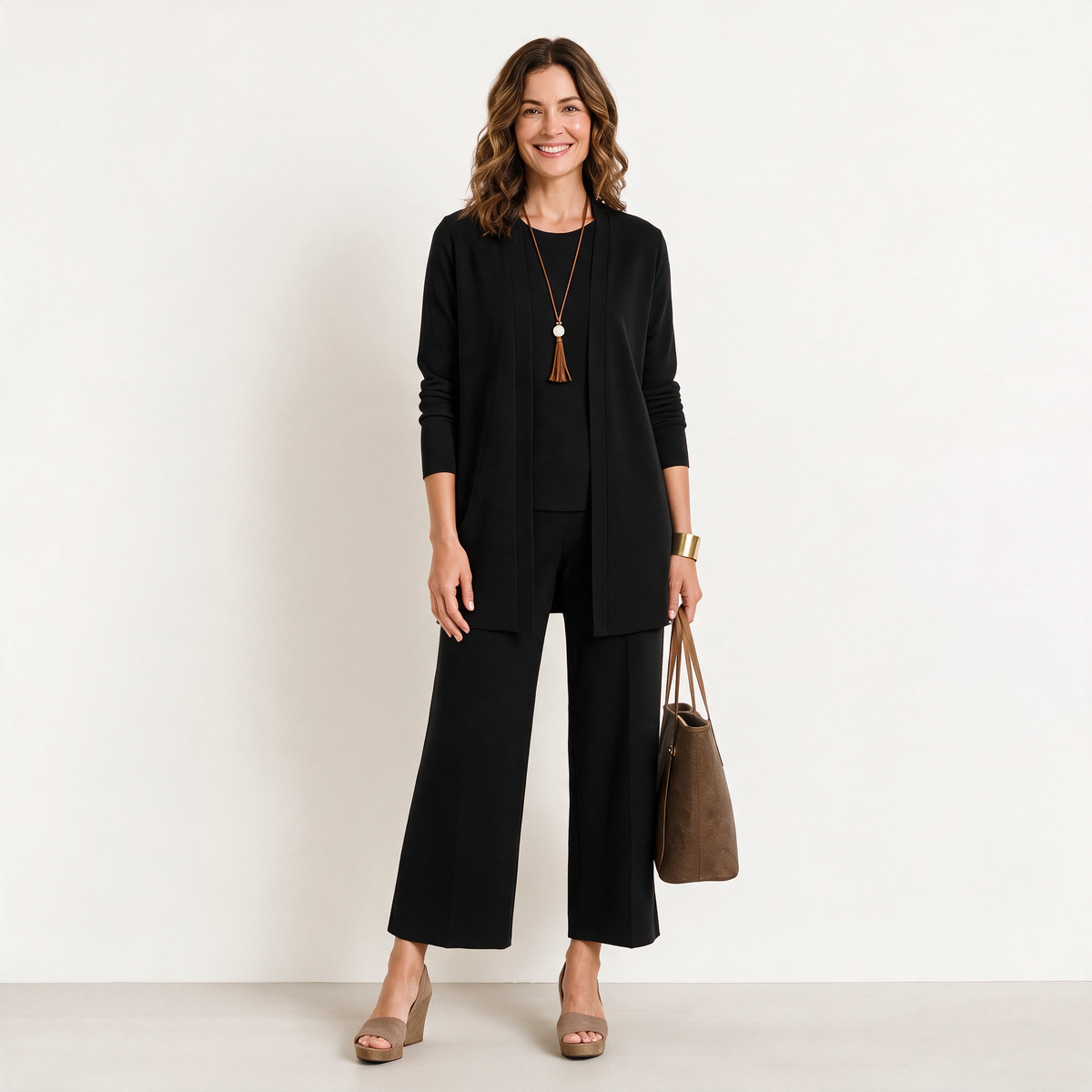 Jane women's 3-piece knit set in Black - cardigan, top and wide-leg trousers