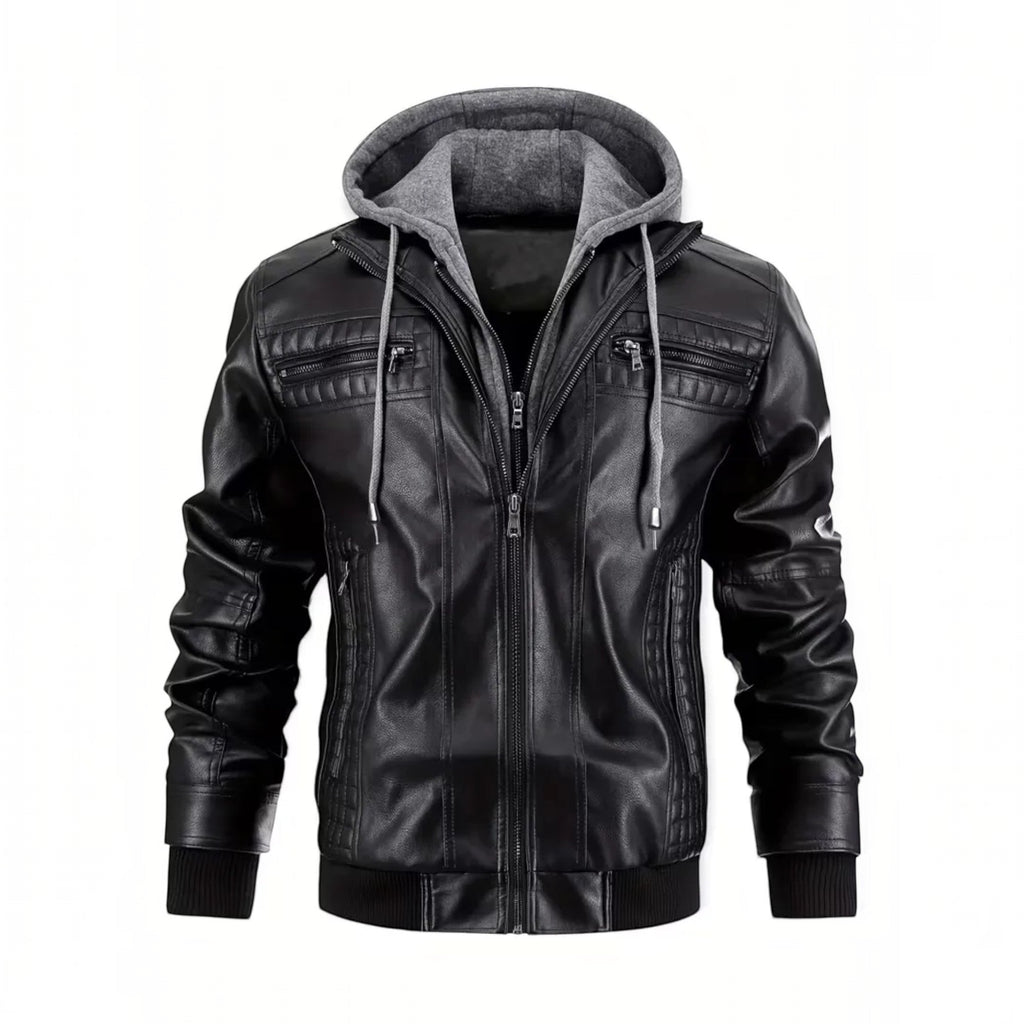 Isaac Hooded Faux Leather Bomber Jacket