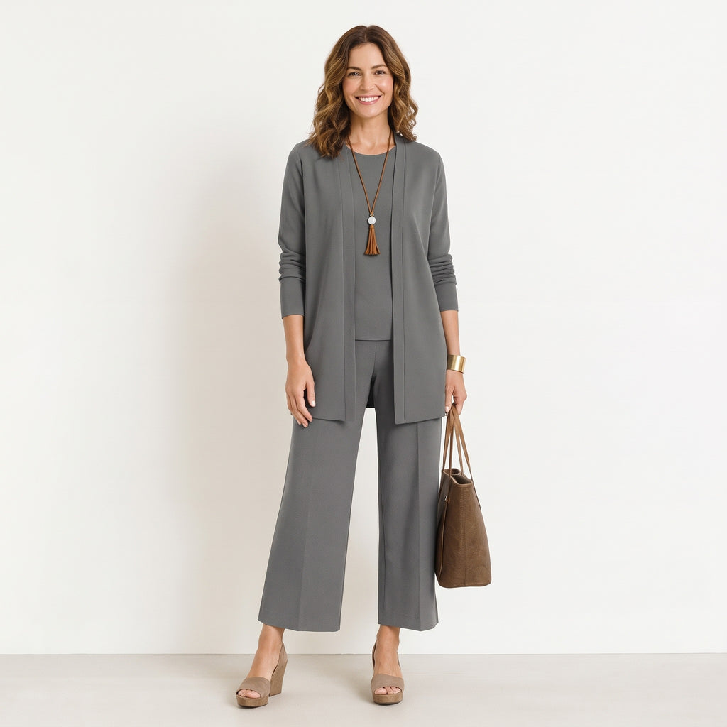 Jane women's 3-piece knit set in Gray - cardigan, top and wide-leg trousers