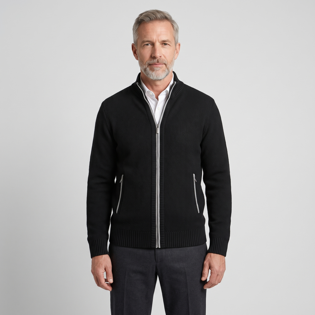 Alistair Merino Zip-Up Cardigan in Black on model