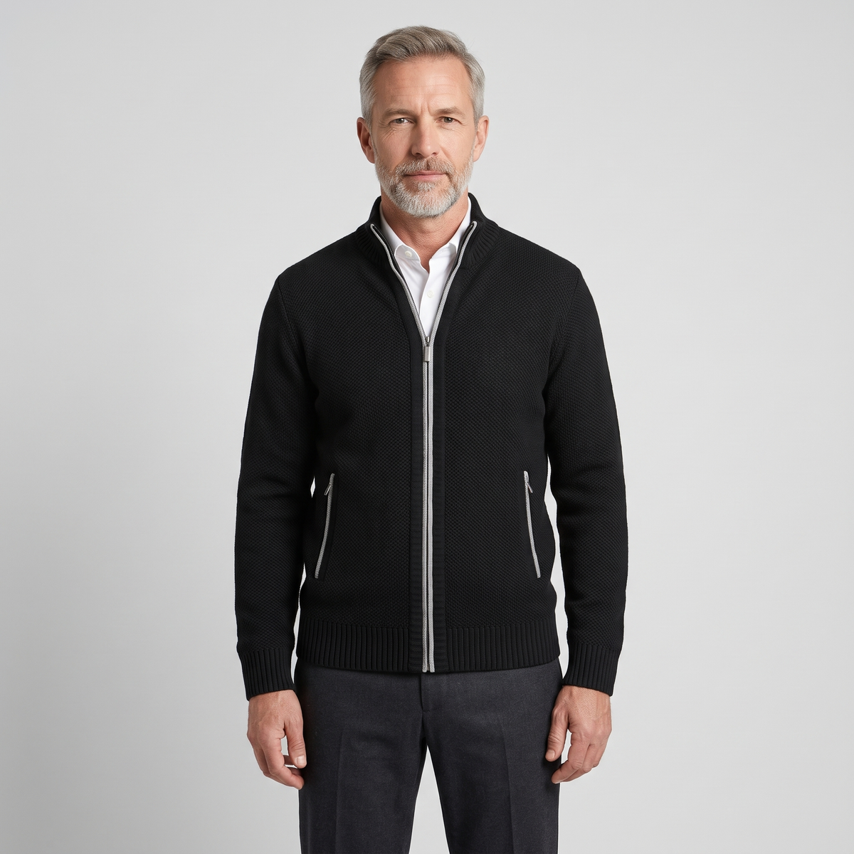 Alistair Merino Zip-Up Cardigan in Black on model