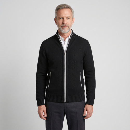 Alistair Merino Zip-Up Cardigan in Black on model