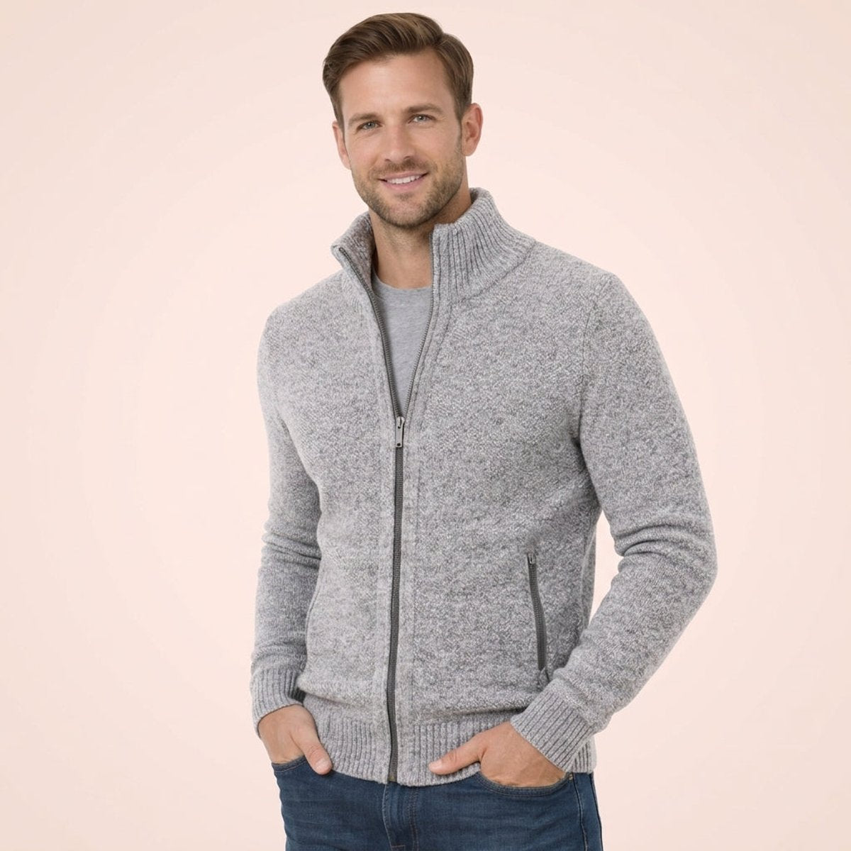 Alistair Merino Zip-Up Cardigan - Grey