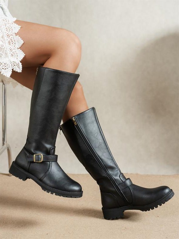 Arabella Buckle Knee-High Riding Boots - Black