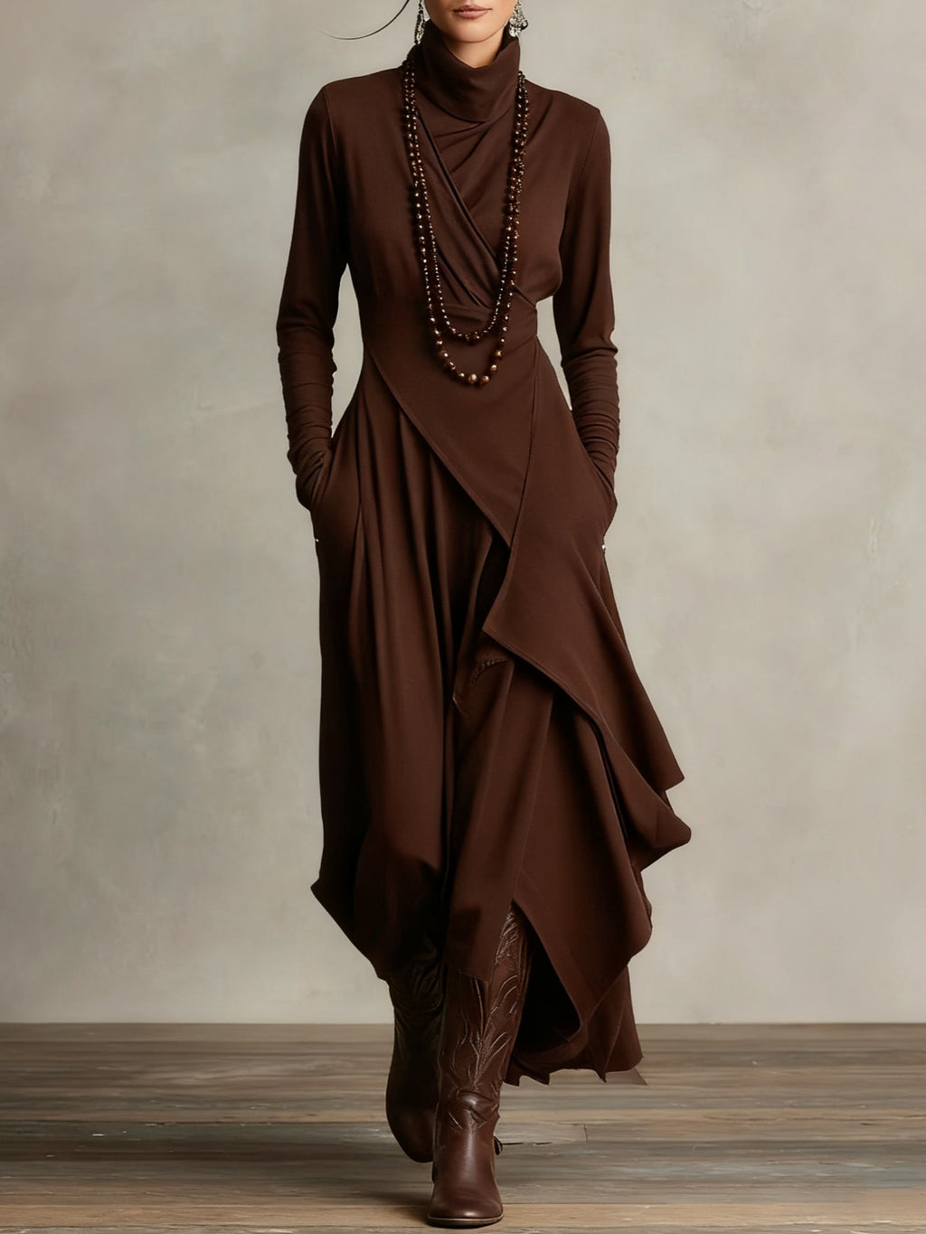 Aurelia High Neck Layered Maxi Dress - Brown