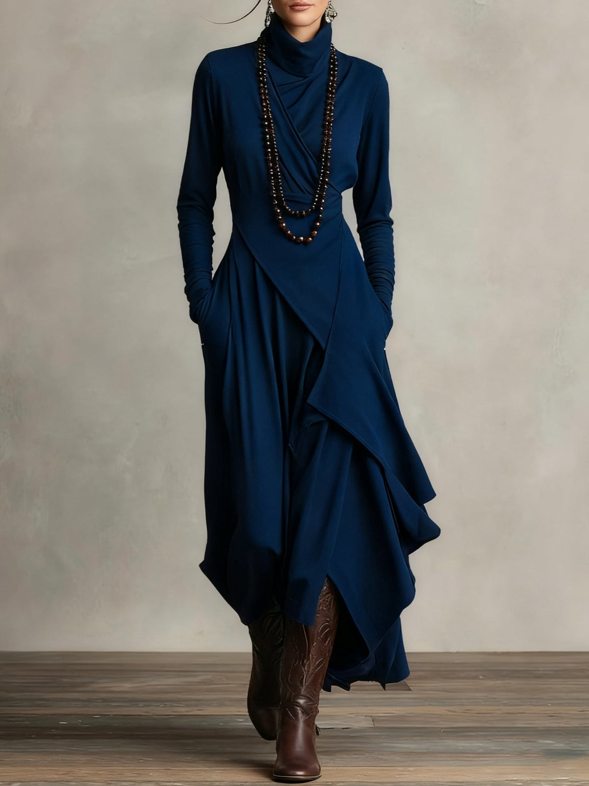 Aurelia High Neck Layered Maxi Dress - Navy Blue