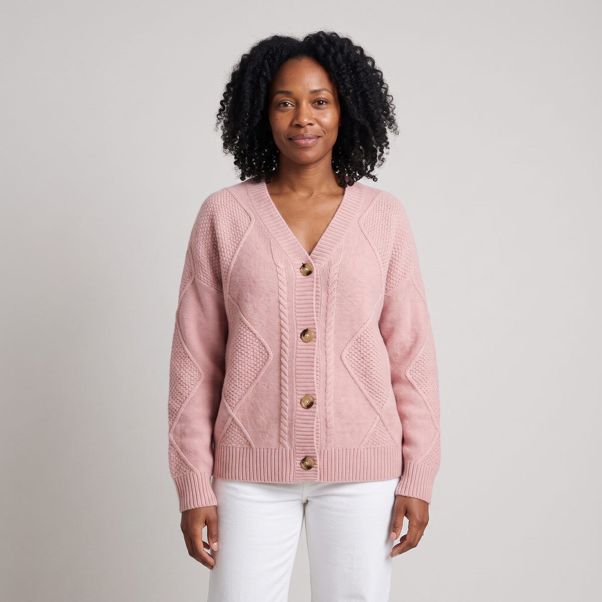 Bella Button Up Knit Cardigan in Pink on model