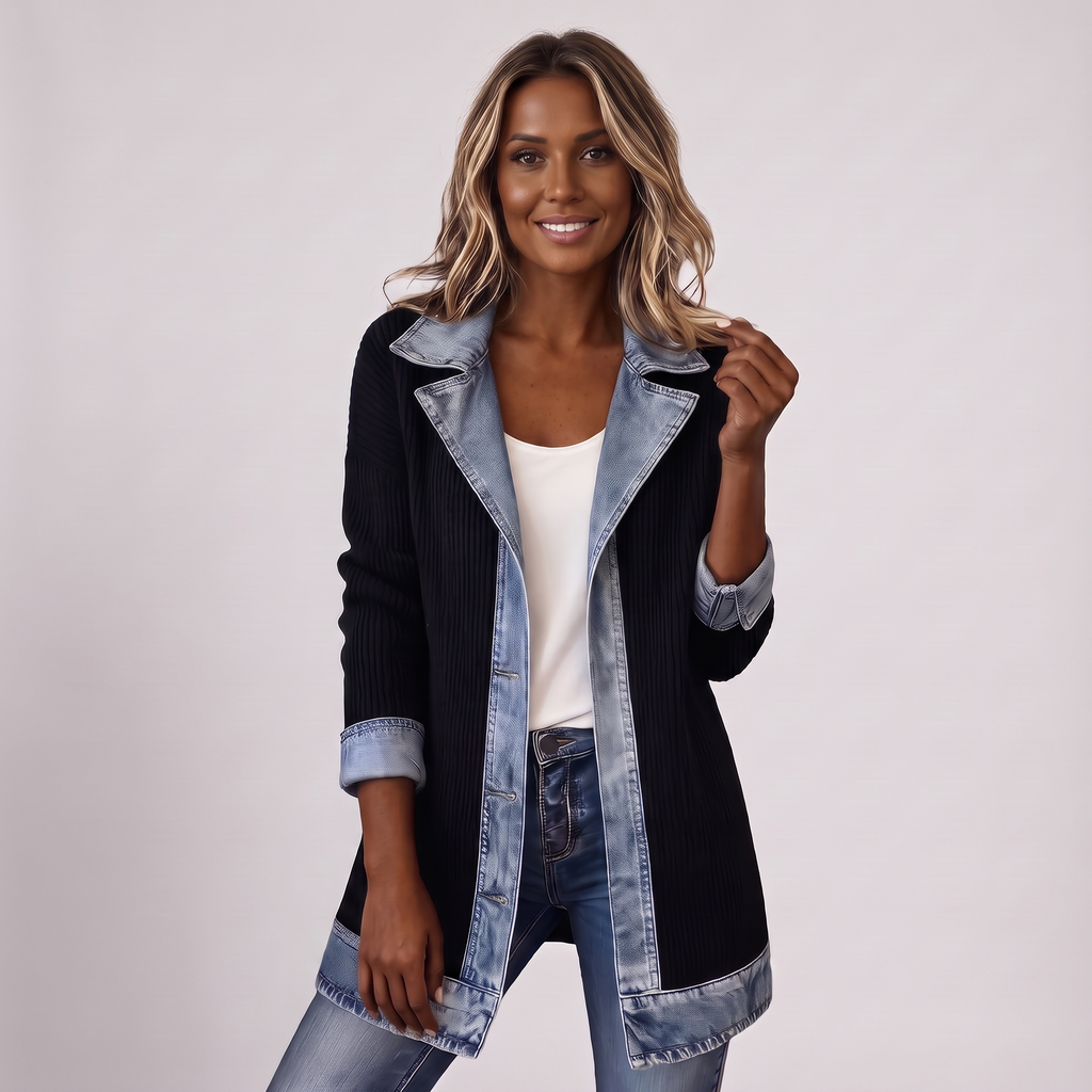 Bella Hybrid Knit Denim Jacket in Black on model