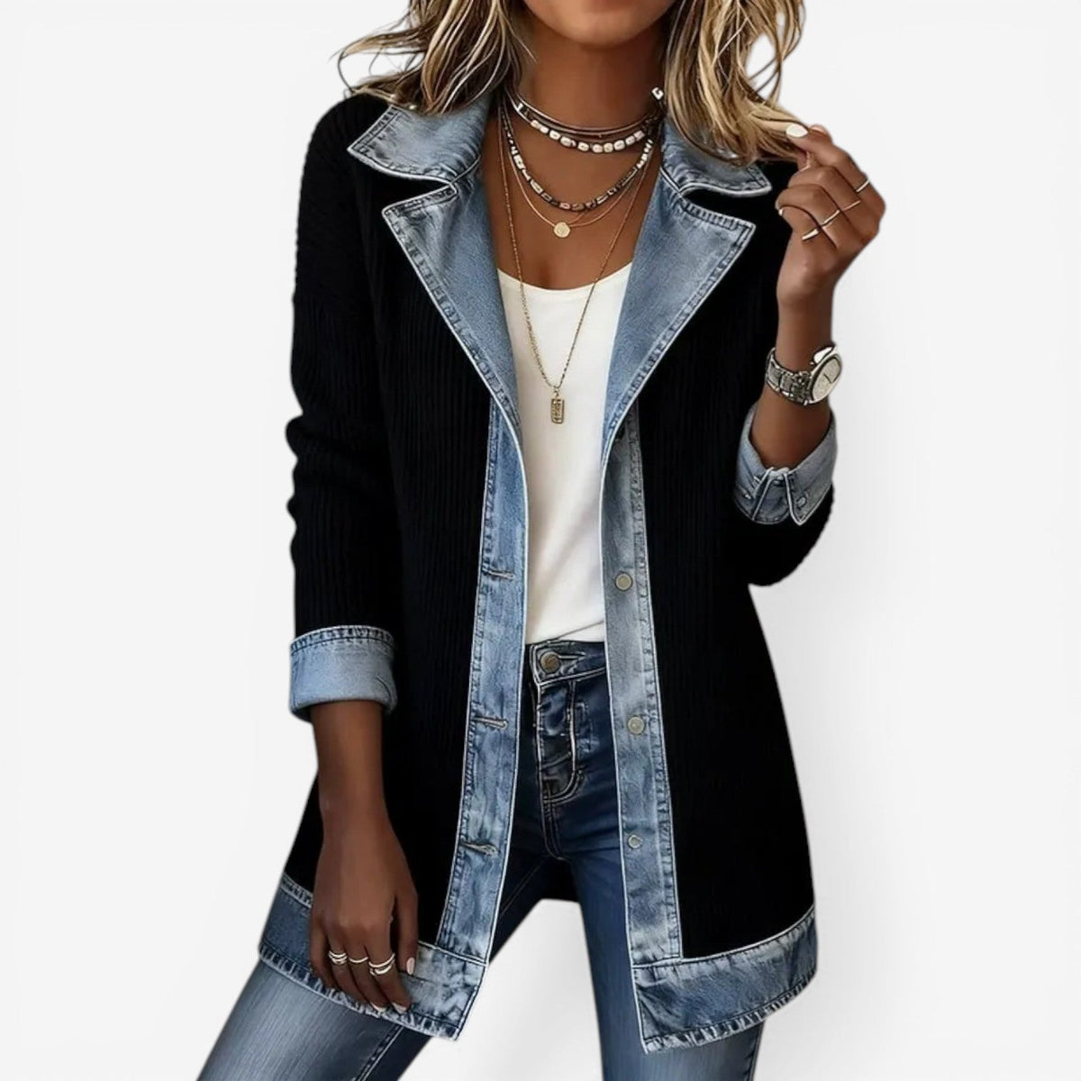 Bella Hybrid Knit Denim Jacket in Black