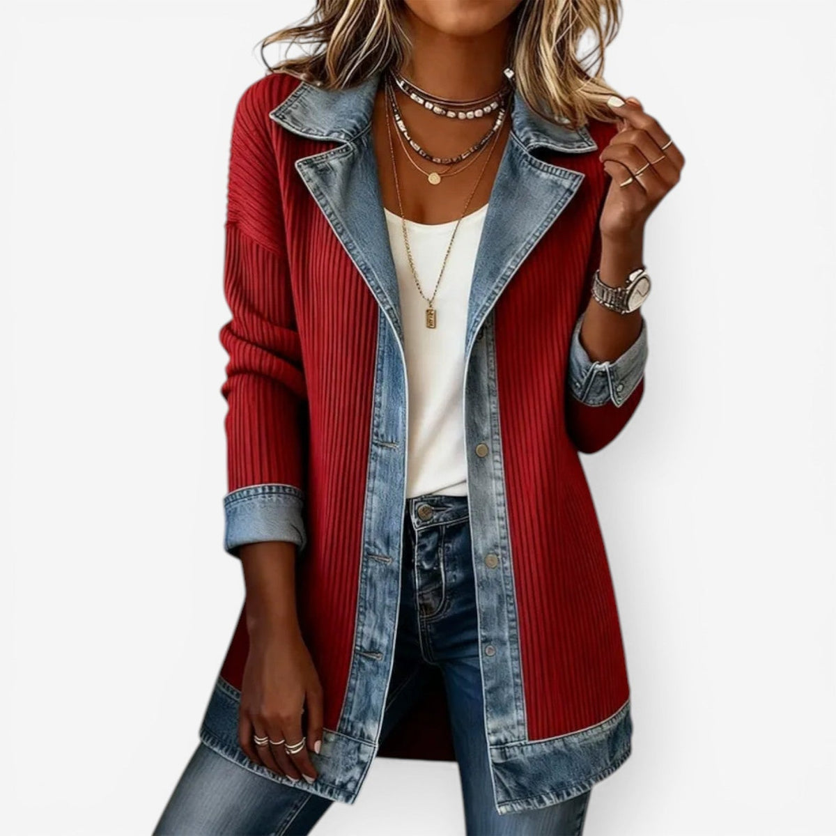 Bella Hybrid Knit Denim Jacket in Red
