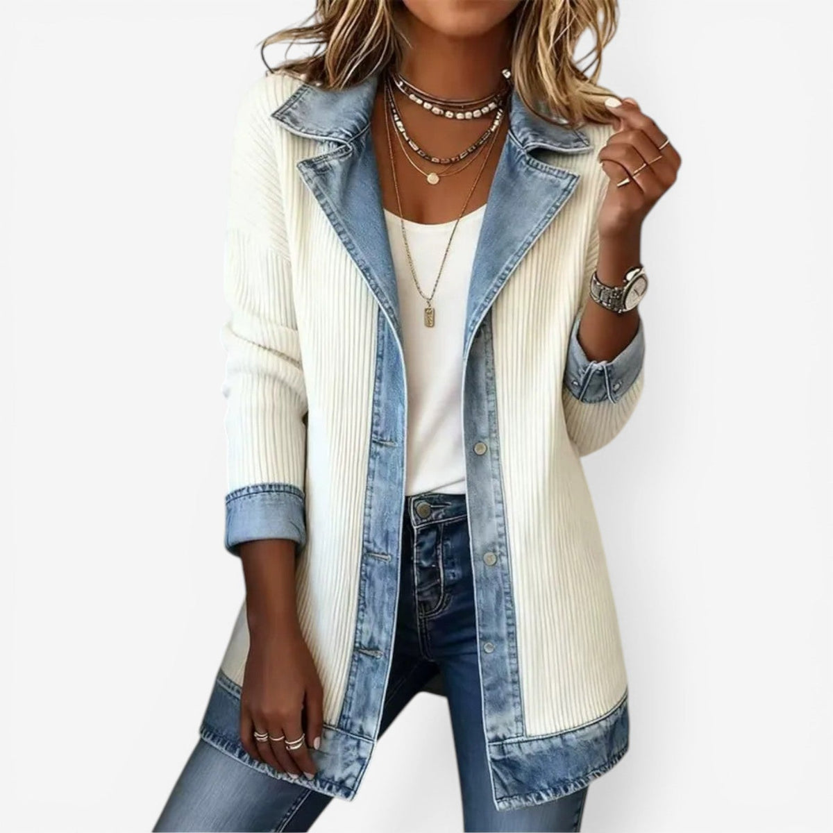 Bella Hybrid Knit Denim Jacket in White
