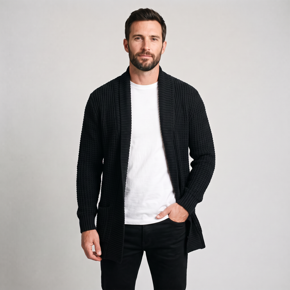 Callum Shawl Collar Longline Cardigan in Black