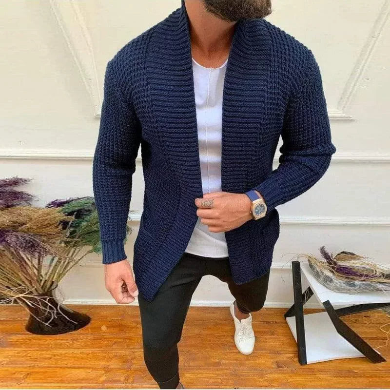 Callum Shawl Collar Longline Cardigan in Navy