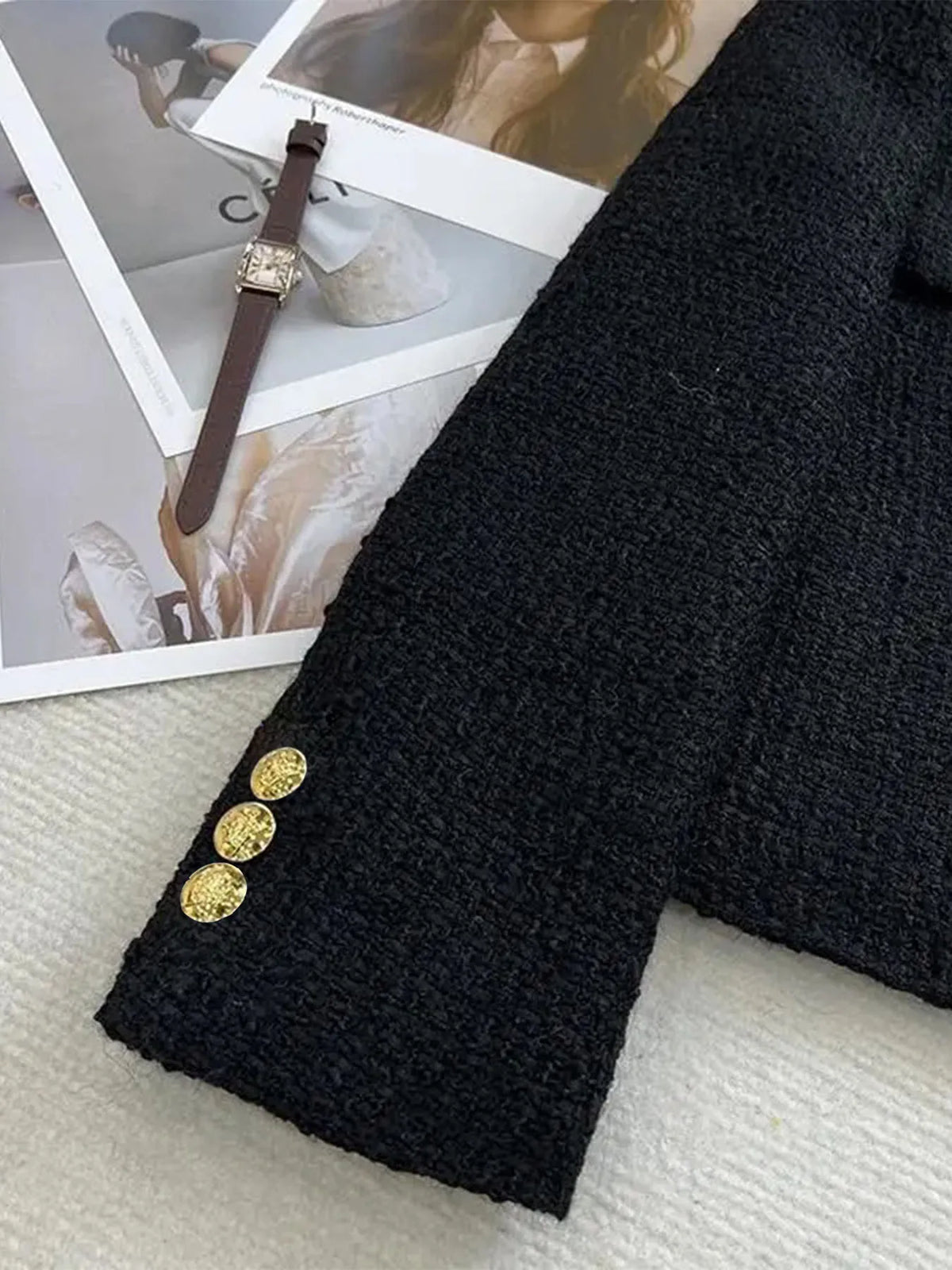 Celeste Gold Button Tweed Jacket in Black