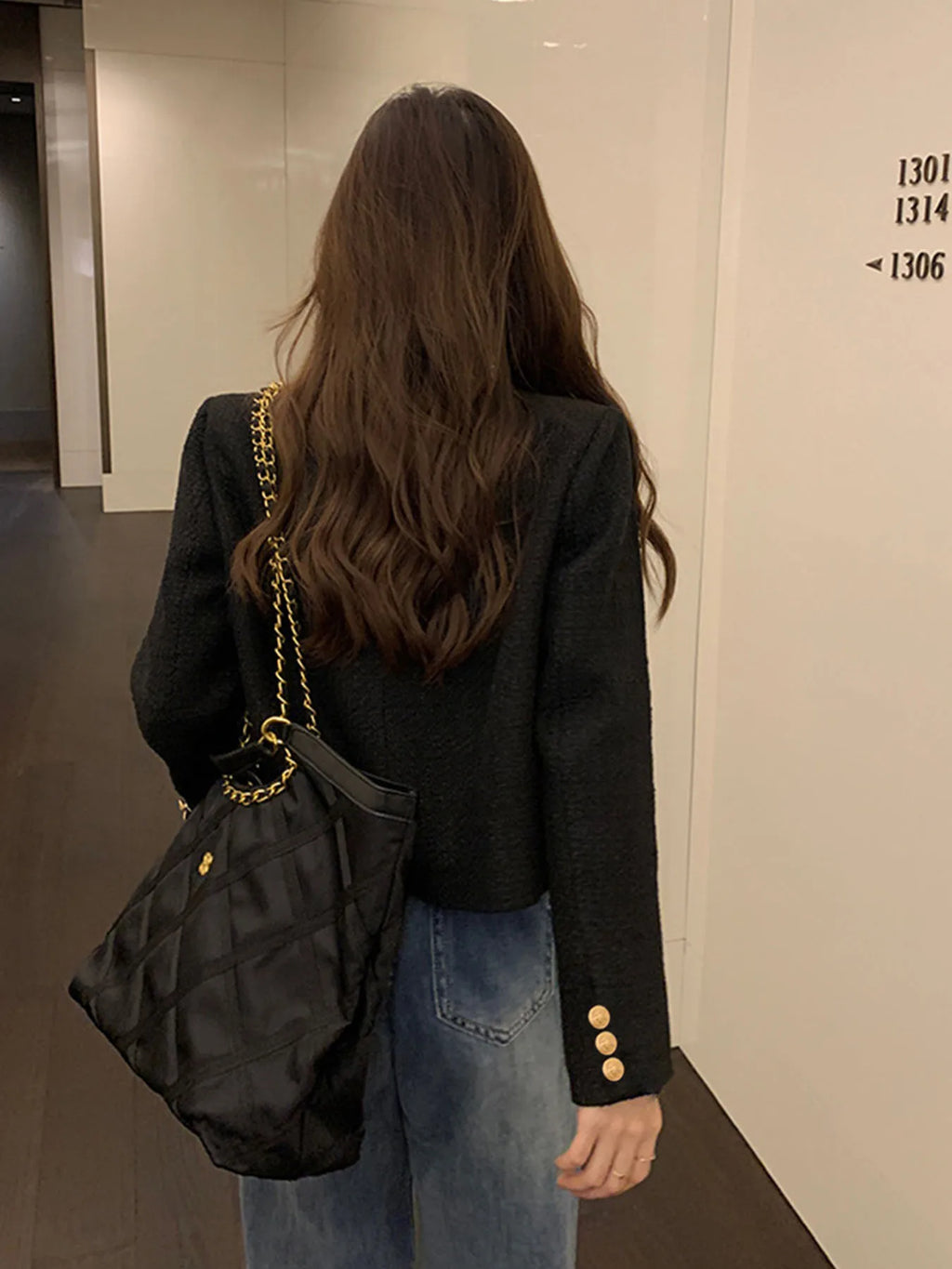 Celeste Gold Button Tweed Jacket in Black