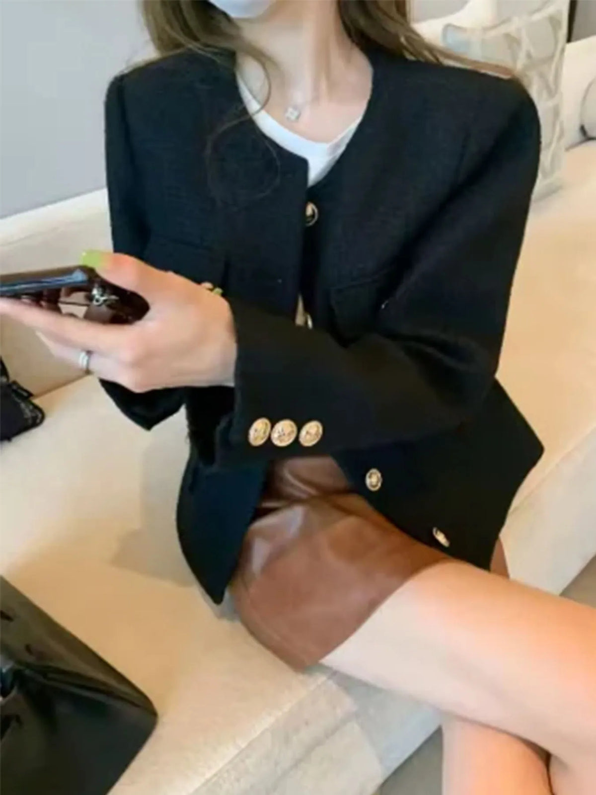 Celeste Gold Button Tweed Jacket in Black