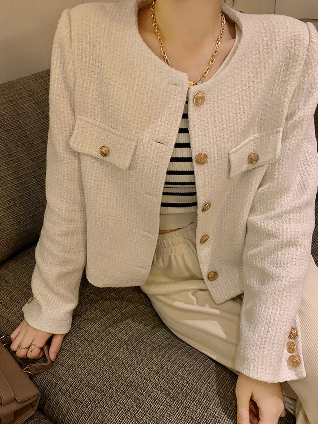 Celeste Gold Button Tweed Jacket in Ivory
