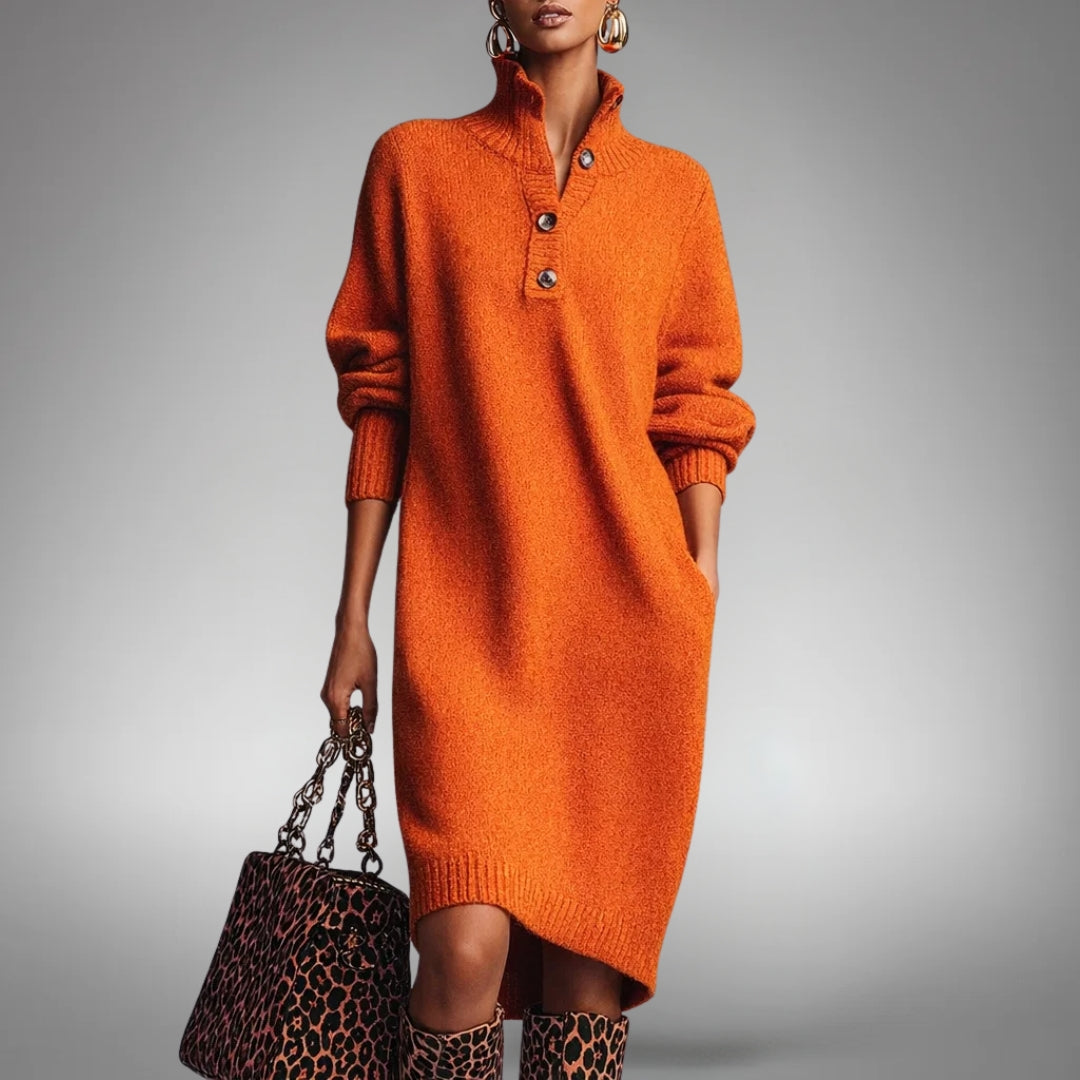Clementine Button-Collar Knit Midi Dress - Orange