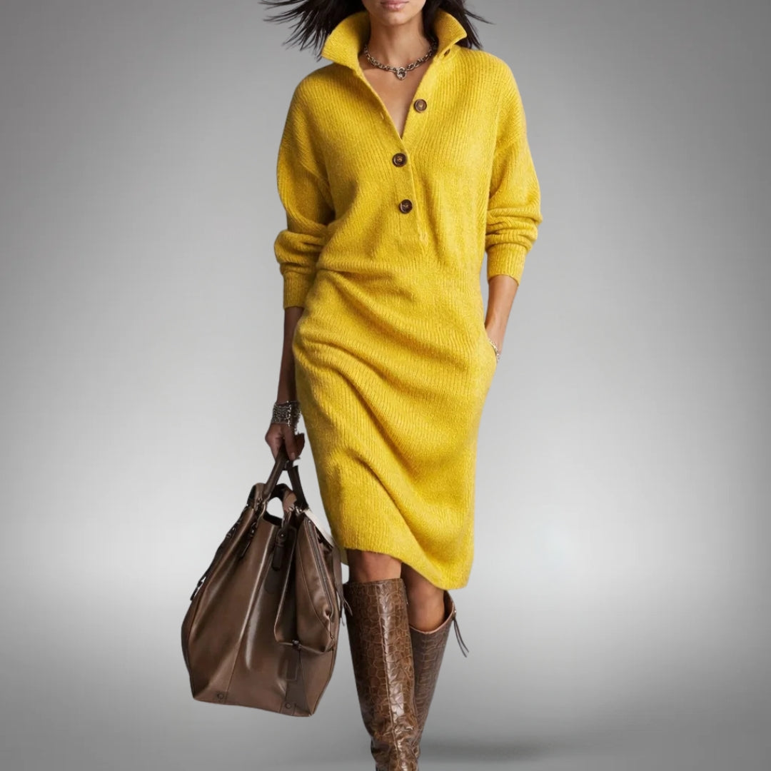 Clementine Button-Collar Knit Midi Dress - Yellow