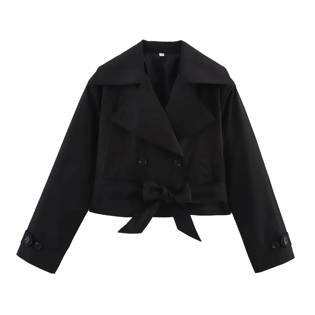 Colette Cropped Double-Breasted Trench Jacket in Black