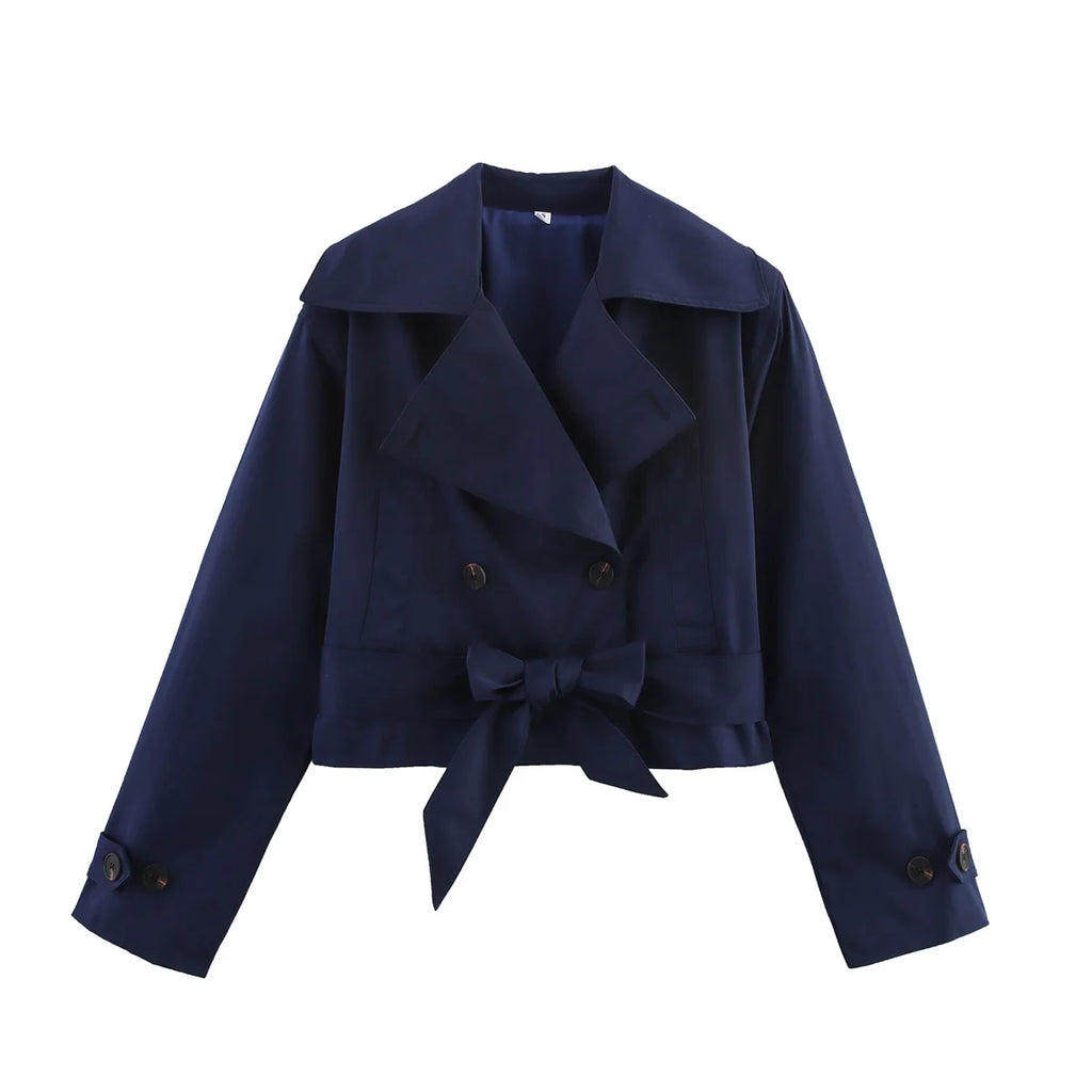 Colette Cropped Double-Breasted Trench Jacket in Navy