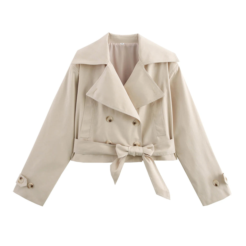 Colette Cropped Double-Breasted Trench Jacket in Stone