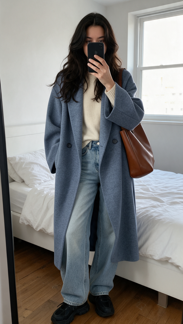 Mirror selfie in a grey oversized trench coat