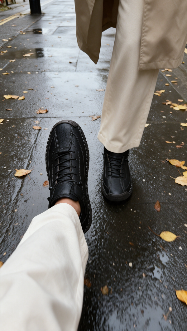Black trainers on an autumn pavement