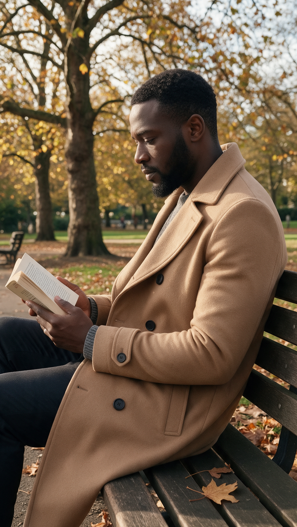 Reading in the park in a camel wool coat