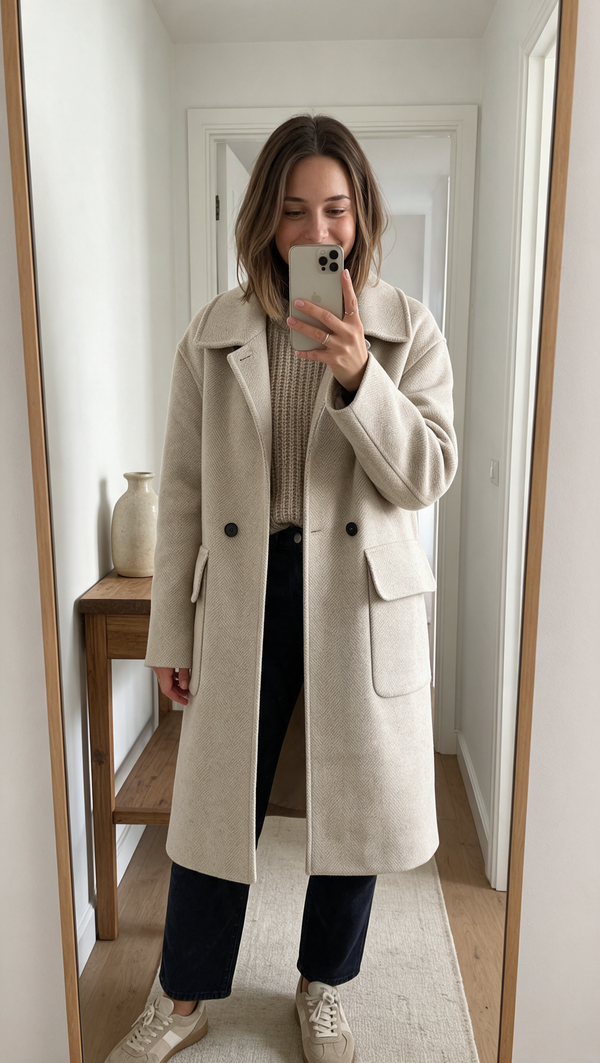 Mirror selfie in a beige wool overcoat