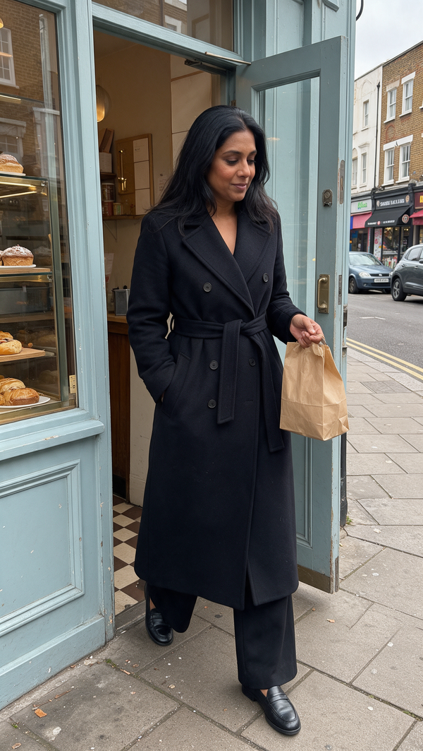 Leaving the bakery in a black wool trench coat