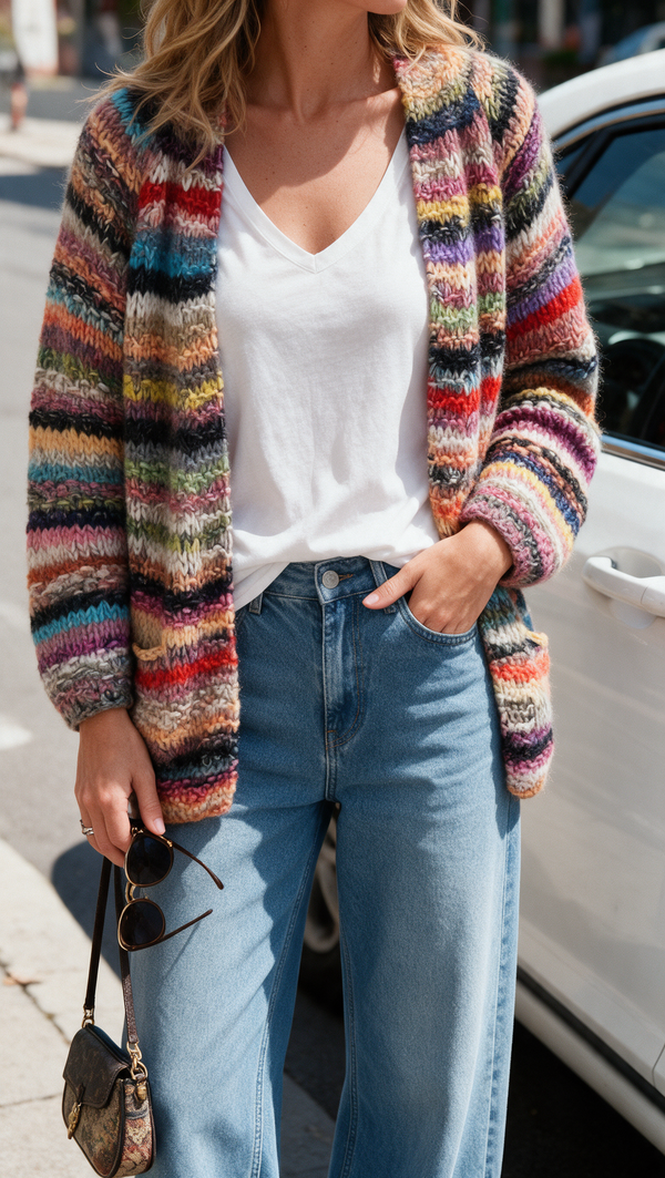 Striped knit cardigan with wide jeans