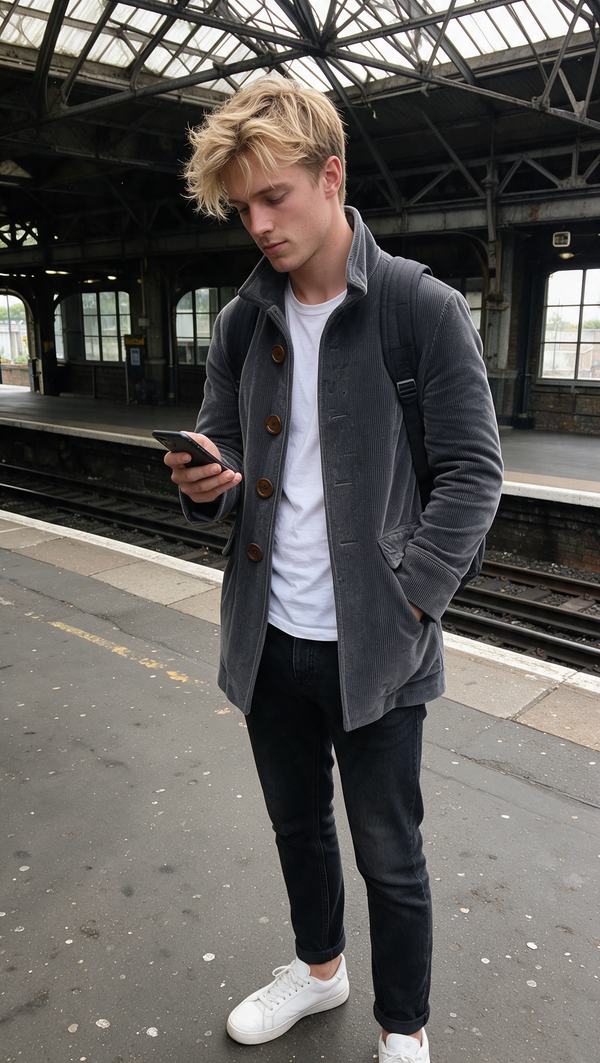 Grey corduroy coat at the station