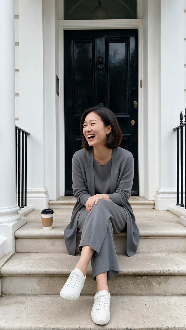 Grey knit set on the townhouse steps