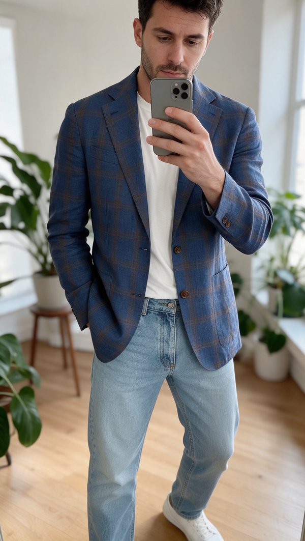 Mirror selfie in a blue plaid blazer