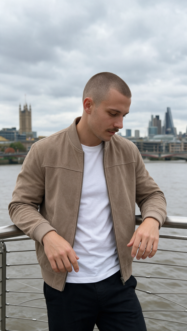 Beige suede bomber jacket by the Thames