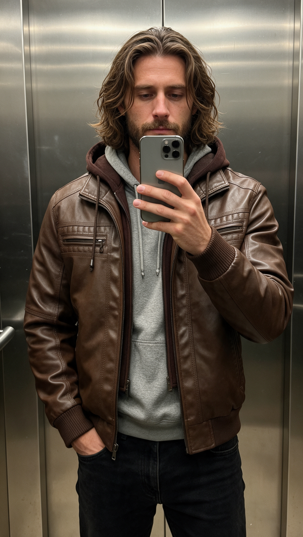 Mirror selfie in a brown leather bomber jacket