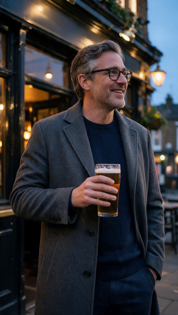 Grey tweed overcoat outside a London pub