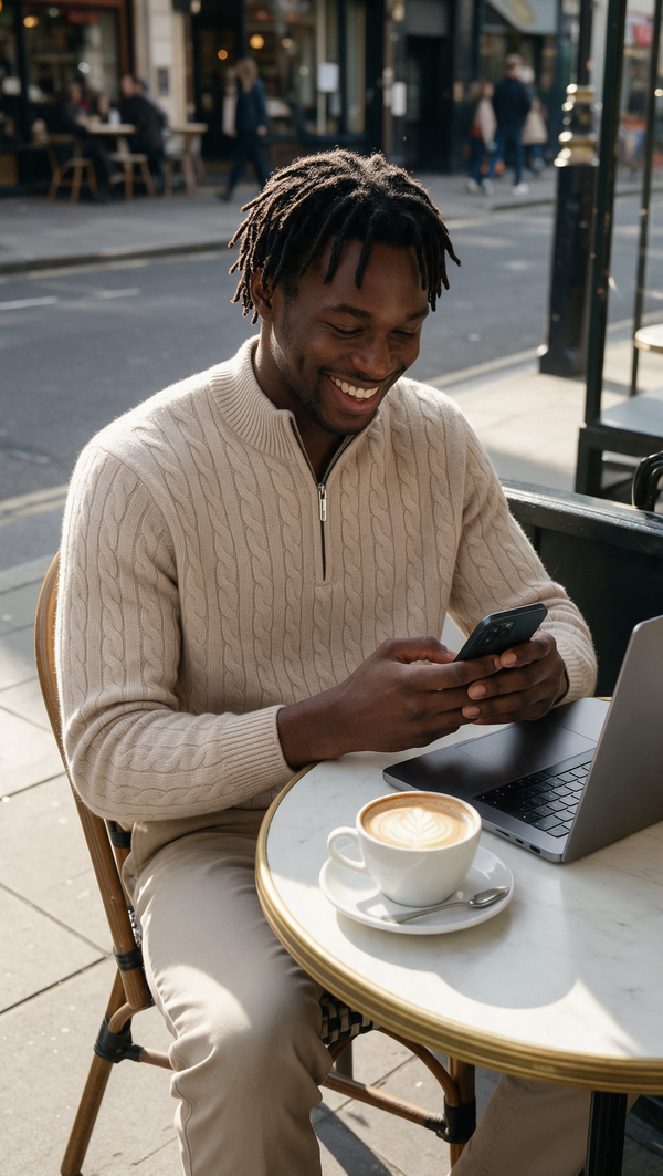 Beige cashmere half zip at a cafe terrace