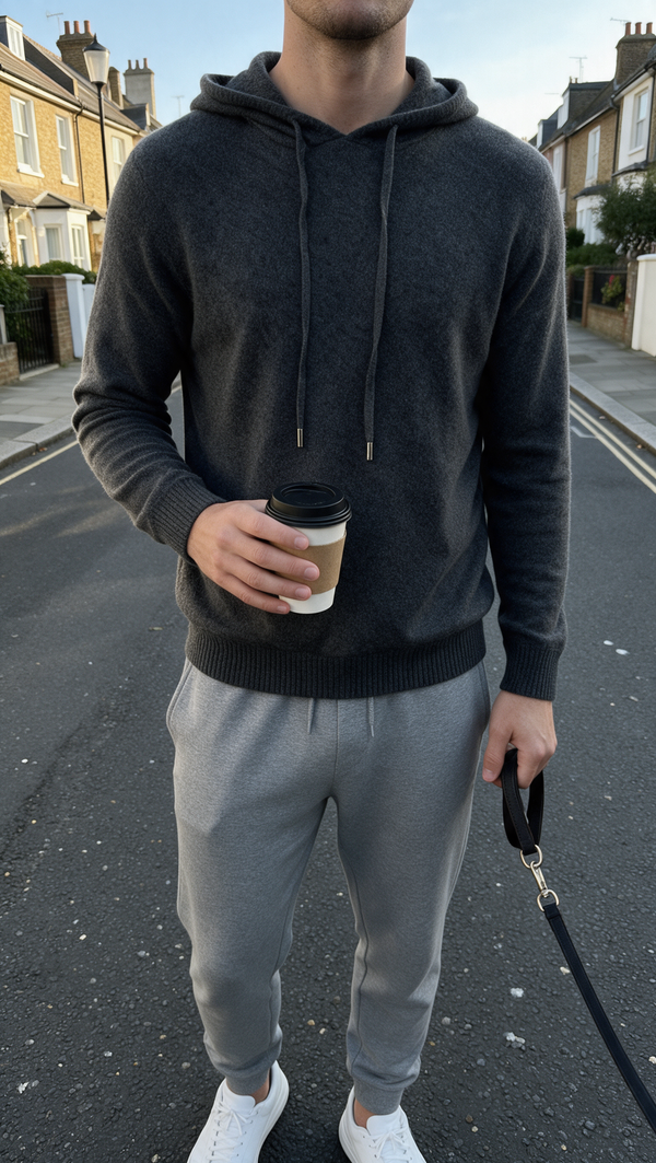Grey cashmere hoodie on a morning walk